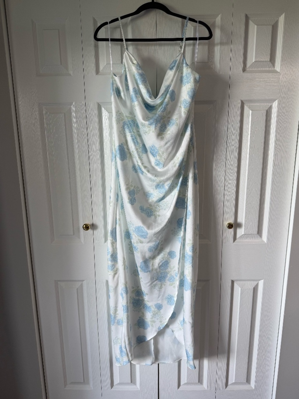 Arula Blue Floral Satin Midi Dress 1X Cowl Neck Slip Dress Romantic